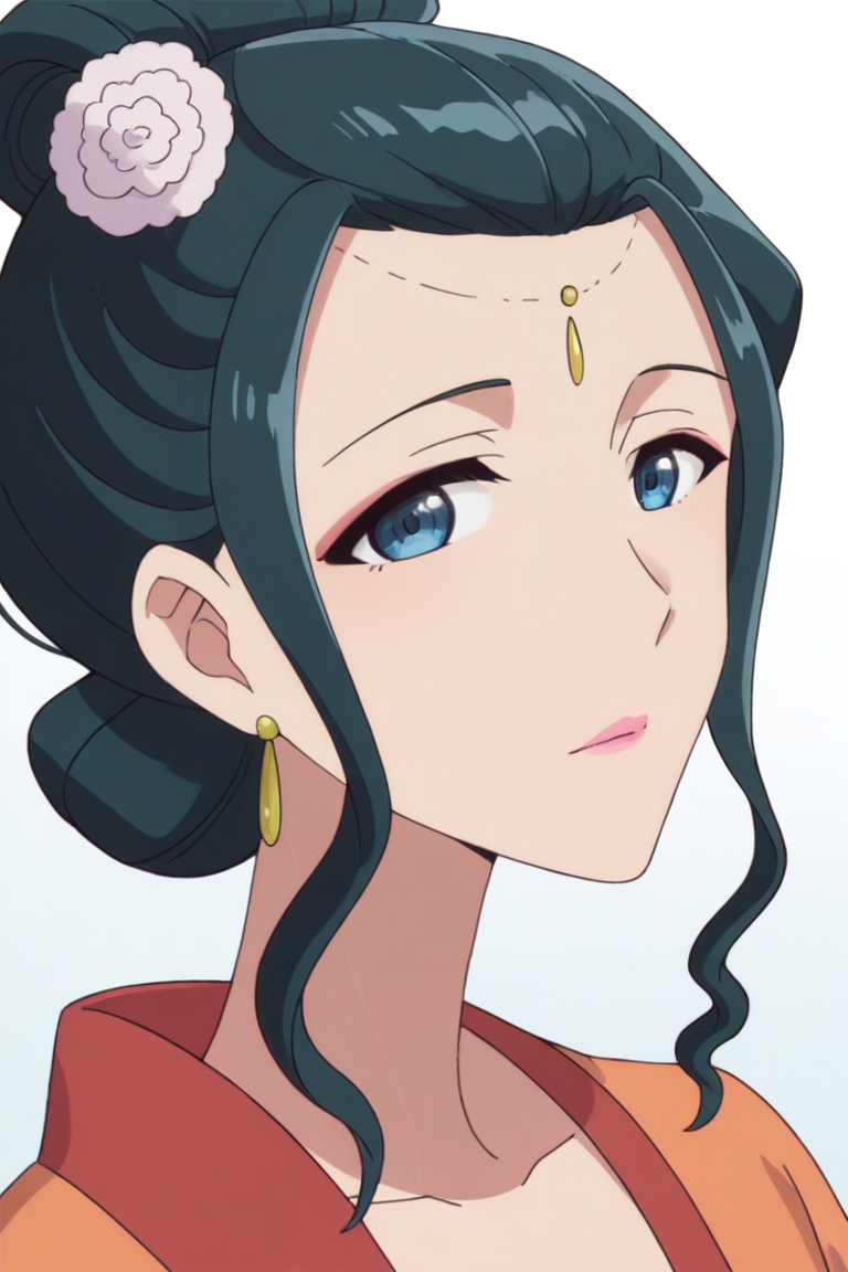 03125-1952023333-1girl,portrait, _ywal,green hair,updo,hair bun,sidelocks,hair flower,blue eyes,pink lips,forehead jewel,orange hanfu,_looking at.png